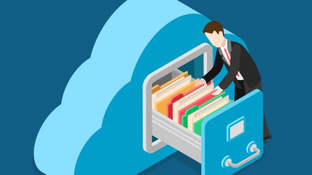 Cloud data storage flat 3d isometry isometric business technology server concept web vector illustration. Businessman put in document drawer folder in cloud-shaped cabinet. Creative people collection.