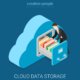 Cloud data storage flat 3d isometry isometric business technology server concept web vector illustration. Businessman put in document drawer folder in cloud-shaped cabinet. Creative people collection.